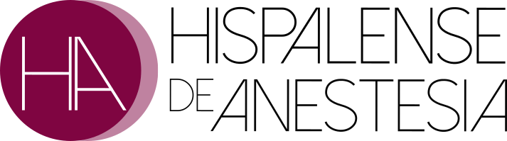 Logotipo con dos círculos superpuestos en dos tonos de granate texto Hispalense de Anestesia